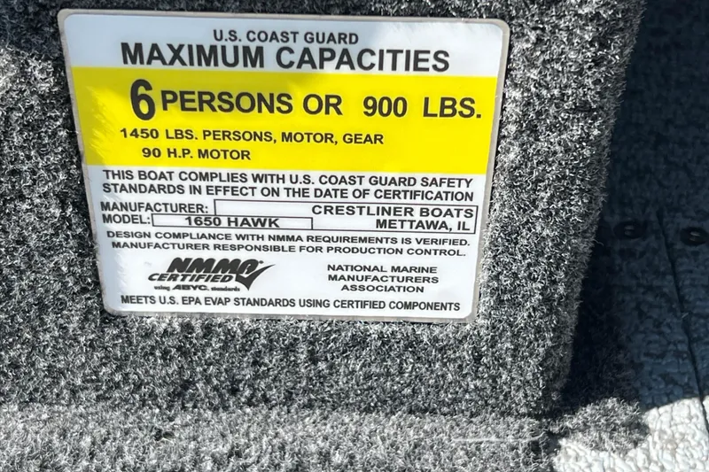Slide: The Image of 2024 Crestliner 1650 HAWK SC capacity label, 6 persons or 900 lbs, NMMA certified. - 11