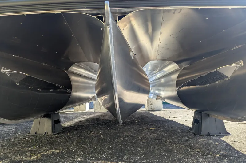 Slide: The Image of Underneath view of 2026 Trifecta 21C SS pontoon boat hulls. - 22