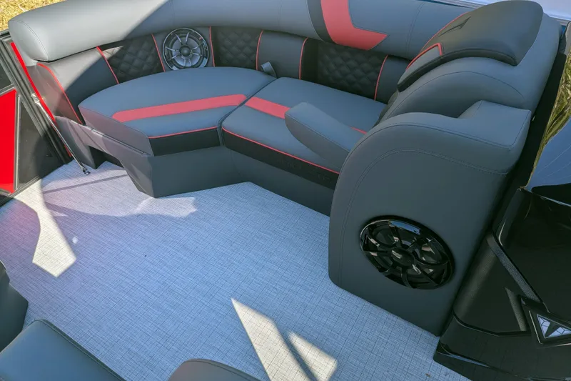 Slide: The Image of Luxurious seating in 2026 Trifecta 21C SS boat with modern design and built-in speakers. - 6