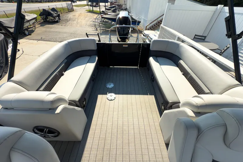 Slide: The Image of 2024 Godfrey Sweetwater 22' pontoon boat with spacious split bench seating and modern design. - 13