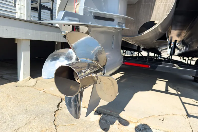Slide: The Image of Close-up of a 2024 Godfrey Sweetwater 22' boat propeller on a trailer. - 29