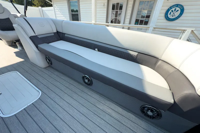 Slide: The Image of Luxurious seating on 2024 Godfrey Sweetwater 22' Split Bench Backporch boat, featuring modern design. - 5