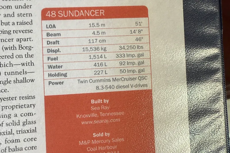 Slide: The Image of 2006 Sea Ray 48 Sundancer specifications: 51' length, 14'8" beam, twin Cummins engines. - 93