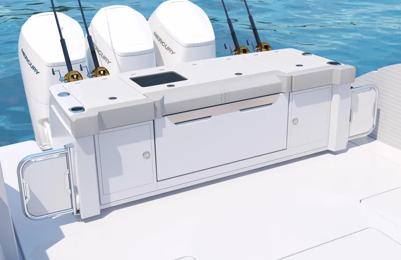 Slide: The Image of Tiara Yachts 48 LS 2025 model with triple Mercury engines, fishing rods, and sleek design. - 20