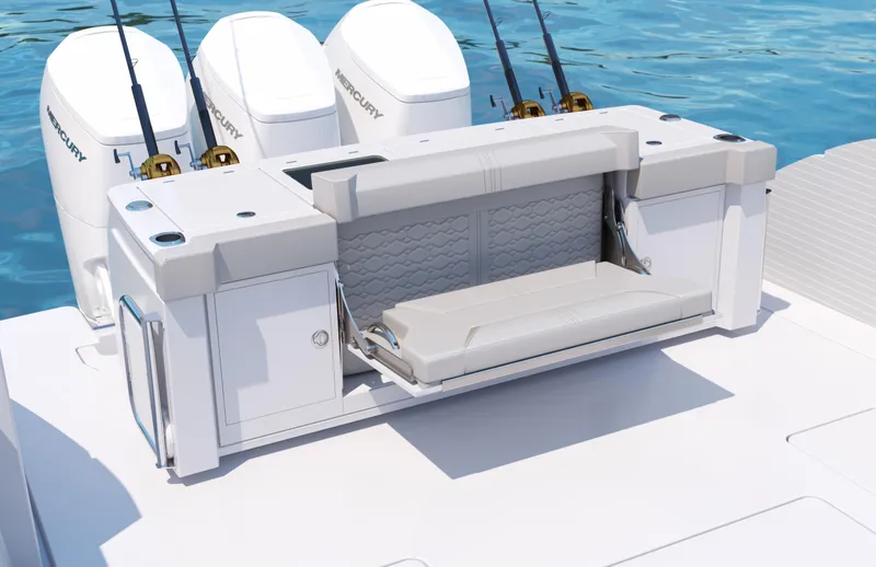 Slide: The Image of 2025 Tiara Yachts 48 LS boat with foldable seating and Mercury engines. - 21