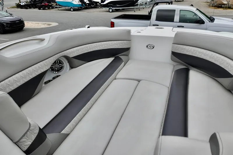 Slide: The Image of 2023 Hurricane Sun Deck 2690 boat interior with luxurious seating and modern design. - 12