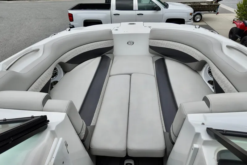Slide: The Image of 2023 Hurricane Sun Deck 2690 boat interior with plush seating and modern design. - 7