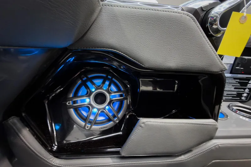 Slide: The Image of Speaker with blue LED lights in 2026 Godfrey Sanpan 27' Tritoon boat interior. - 23