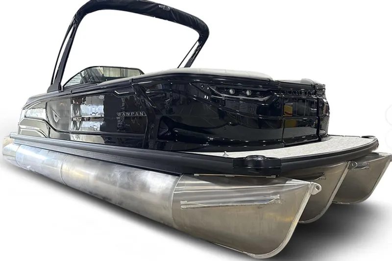 Slide: The Image of 2026 Godfrey Sanpan 27' Tritoon with twin split bench and windshield, sleek black design. - 48