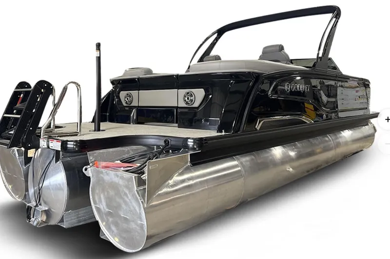 Slide: The Image of 2026 Godfrey Sanpan 27' Tritoon with twin split bench and windshield, sleek design. - 49