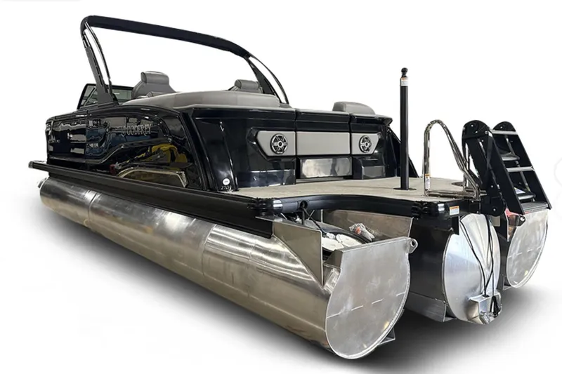 Slide: The Image of 2026 Godfrey Sanpan 27' Tritoon with twin split bench and windshield, rear view. - 50