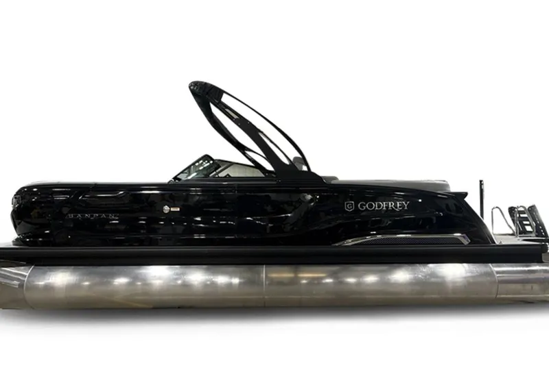 Slide: The Image of 2026 Godfrey Sanpan 27' Tritoon with sleek black design and twin split bench windshield. - 51