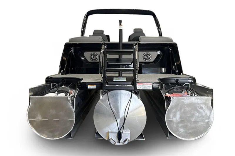 Slide: The Image of 2026 Godfrey Sanpan 27' Tritoon rear view, showcasing twin split bench design. - 52