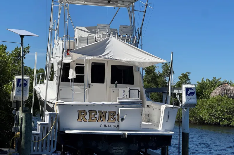 Slide: The Image of 2008 Cabo 35 Flybridge boat docked, rear view with canopy, lush greenery background. - 32