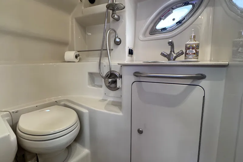 Slide: The Image of Luxurious bathroom in 2008 Sea Ray 350 Sundancer yacht with modern fixtures. - 46