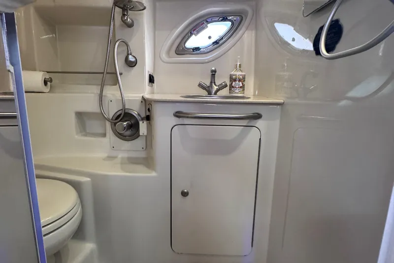 Slide: The Image of Bathroom interior of 2008 Sea Ray 350 Sundancer yacht, featuring sink and shower. - 47