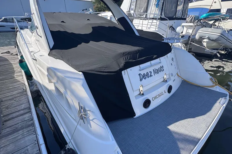 Slide: The Image of 2008 Sea Ray 350 Sundancer docked, covered, with "Deez Nauts" nameplate, Chicago. - 7
