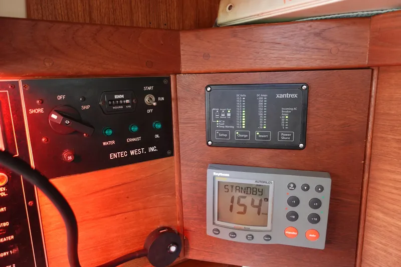 Slide: The Image of Control panel of a 1987 Tartan Marine 40, featuring Xantrex and Raytheon displays. - 41