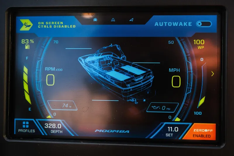 Slide: The Image of 2024 Moomba Tykon dashboard display showing Autowake system and boat metrics. - 21