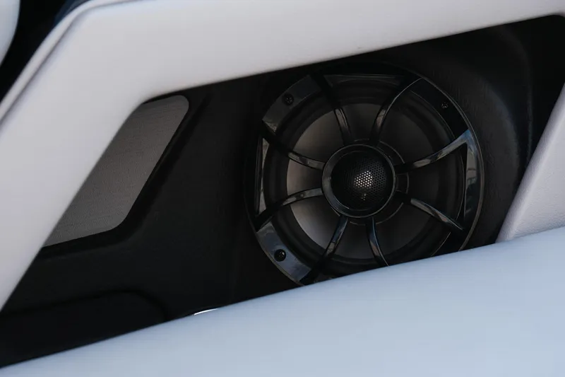 Slide: The Image of 2024 Moomba Tykon boat speaker detail, showcasing sleek design and premium audio system. - 25