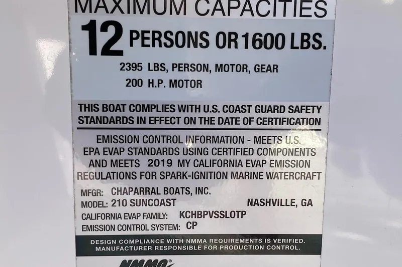 Slide: The Image of 2019 Chaparral 210 Suncoast capacity label, 12 persons or 1600 lbs, 200 HP motor. - 43