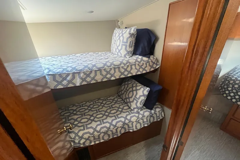 Slide: The Image of Bunk beds in 1997 Post Sportfish boat cabin with geometric-patterned bedding. - 32