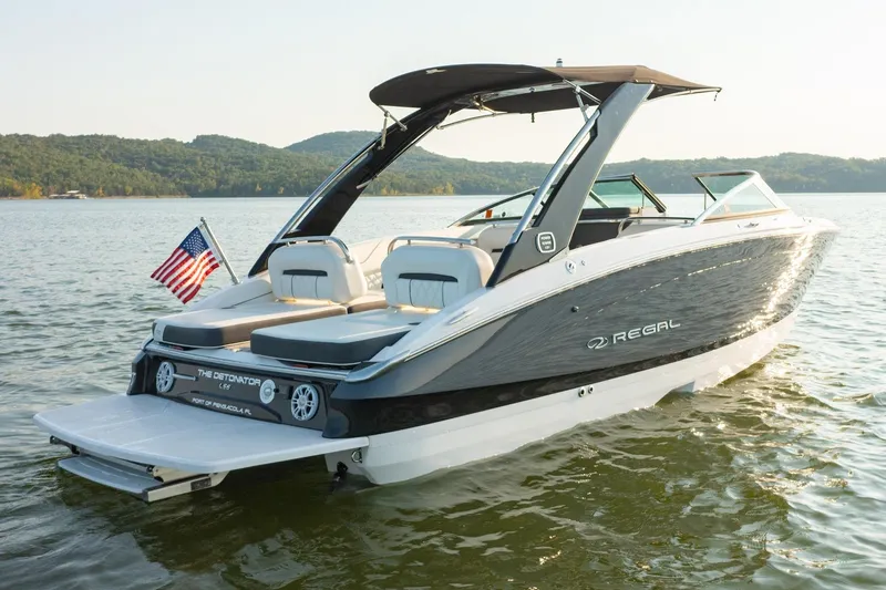 Slide: The Image of 2020 Regal LS6 boat on a lake with American flag, scenic background. - 2