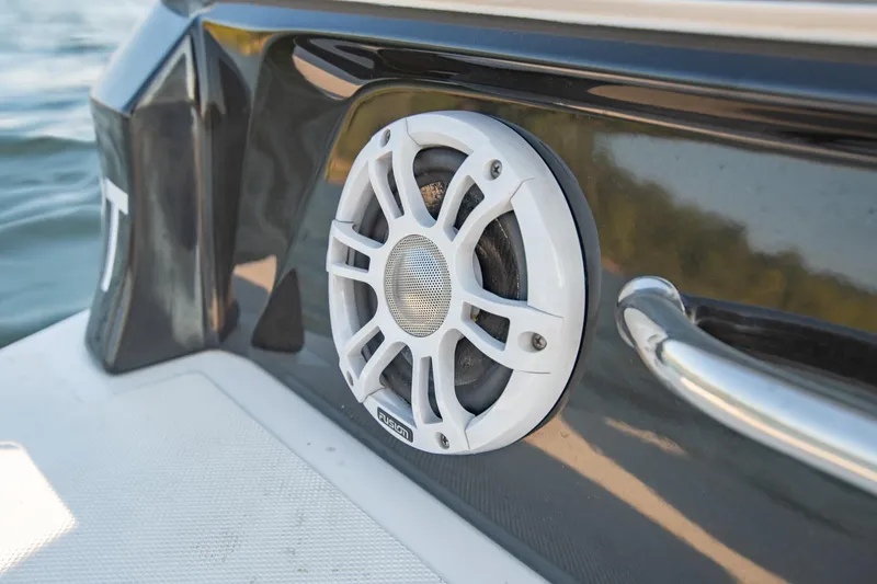 Slide: The Image of White speaker on 2020 Regal LS6 boat, mounted on sleek black exterior near water. - 29
