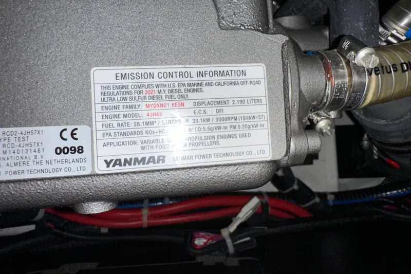 Slide: The Image of Emission control label on Yanmar engine, Jeanneau Sun Odyssey 410, 2022 model. - 93