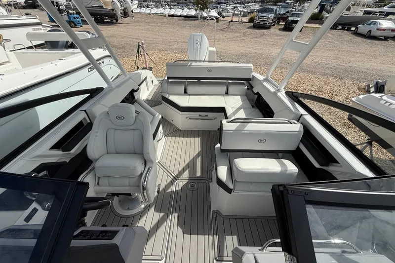 Slide: The Image of 2025 Cobalt R4 Outboard boat interior with luxurious seating and modern design. - 24