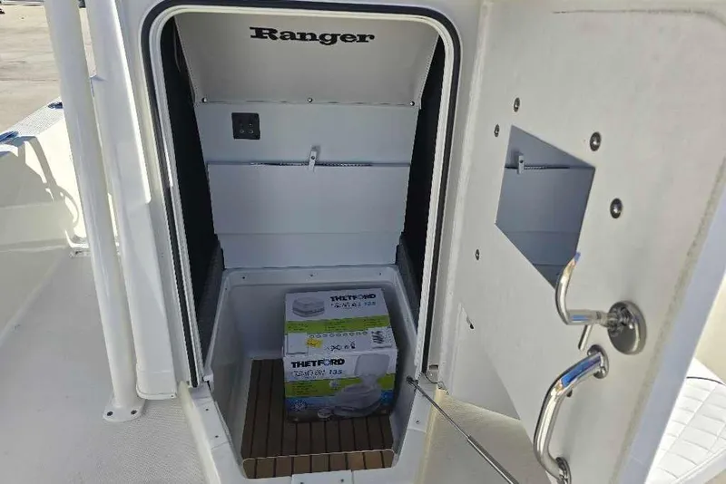Slide: The Image of 2025 Ranger 2510 Bay boat storage compartment with Thetford product inside. - 14