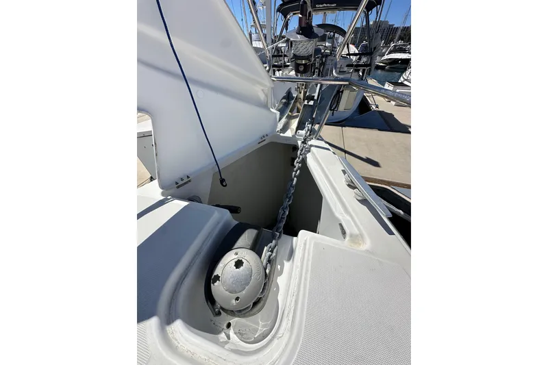 Slide: The Image of Jeanneau Sun Odyssey 409 sailboat deck, 2015 model, with rigging and clear blue sky. - 16