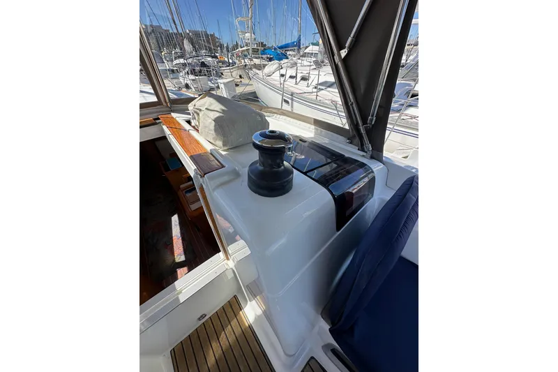 Slide: The Image of Storage compartment on Jeanneau Sun Odyssey 409 with life jacket and safety equipment, 2015 model. - 38