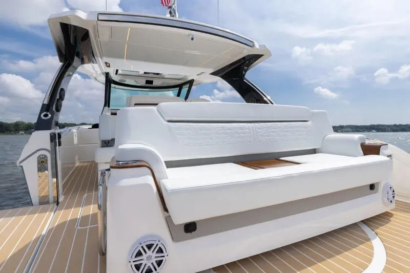 Slide: The Image of Luxurious 2026 Tiara Yachts 39 with sleek design and spacious seating on deck. - 7