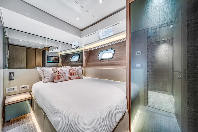Slide: The Image of Luxurious Sanlorenzo SX88 2020 yacht bedroom with modern design and elegant decor. - 105