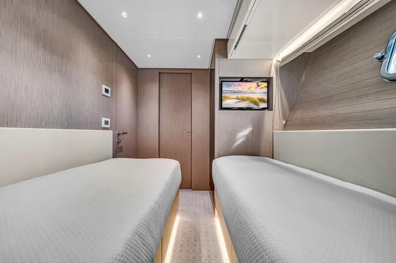 Slide: The Image of Luxurious twin cabin interior of 2020 Sanlorenzo SX88 yacht with modern decor. - 114