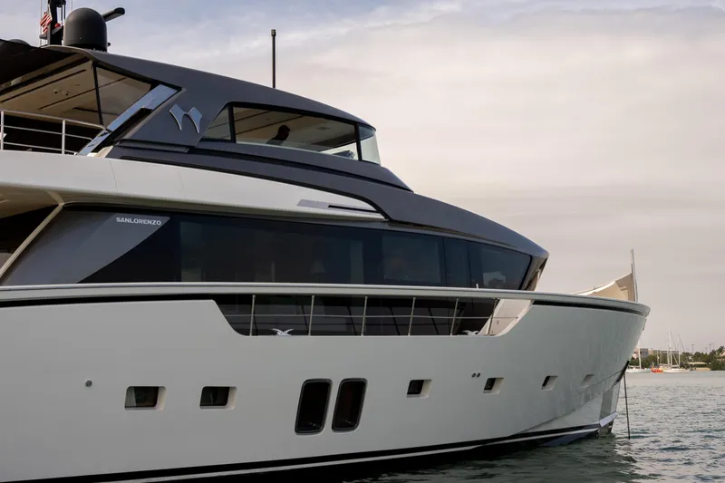 Slide: The Image of Luxury Sanlorenzo SX88 yacht, 2020 model, docked with sleek modern design. - 33