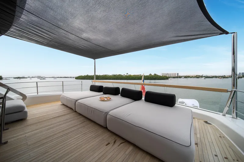 Slide: The Image of Luxurious 2020 Sanlorenzo SX88 yacht deck with modern seating and scenic waterfront view. - 34