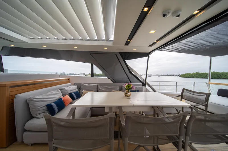 Slide: The Image of Luxurious 2020 Sanlorenzo SX88 yacht deck with elegant seating and scenic water views. - 50