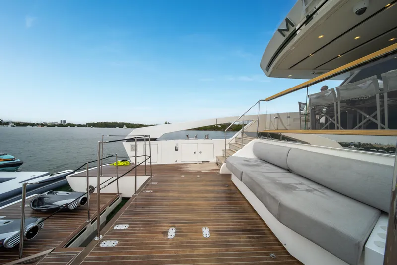 Slide: The Image of Luxurious 2020 Sanlorenzo SX88 yacht deck with modern seating and scenic water view. - 54