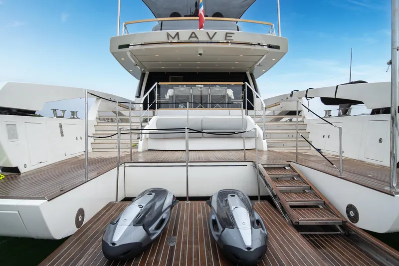 Slide: The Image of Luxury Sanlorenzo SX88 yacht stern view with jet skis, 2020 model. - 56