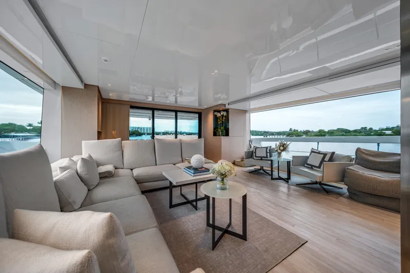 Slide: The Image of Luxurious interior of 2020 Sanlorenzo SX88 yacht with elegant seating and panoramic views. - 70