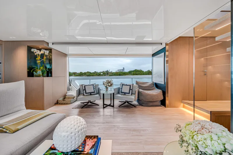 Slide: The Image of Luxurious interior of 2020 Sanlorenzo SX88 yacht with modern decor and scenic view. - 72