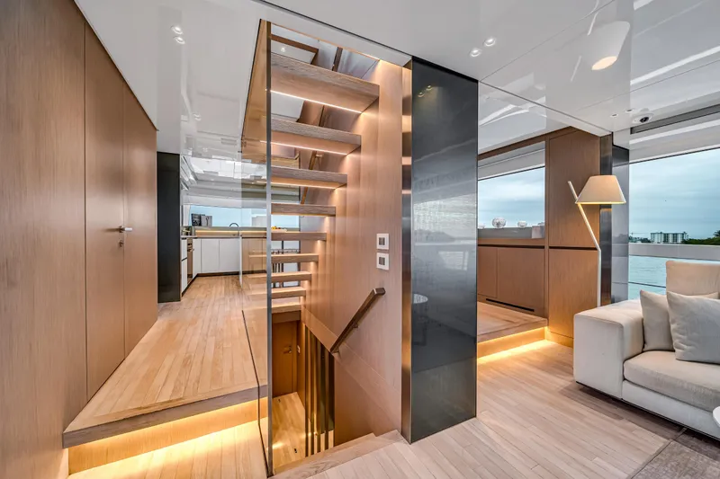 Slide: The Image of Luxurious interior of 2020 Sanlorenzo SX88 yacht with modern design and elegant lighting. - 80