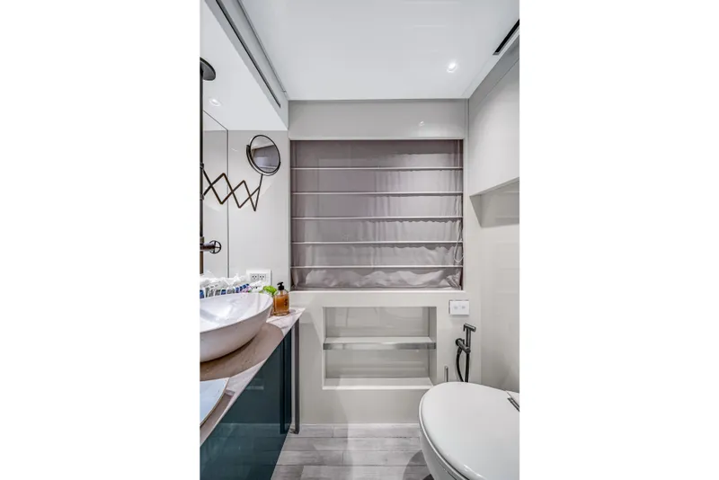 Slide: The Image of Luxurious bathroom interior on 2020 Sanlorenzo SX88 yacht, featuring modern fixtures and elegant design. - 81