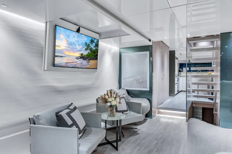 Slide: The Image of Luxurious interior of 2020 Sanlorenzo SX88 yacht with modern decor and elegant seating area. - 83