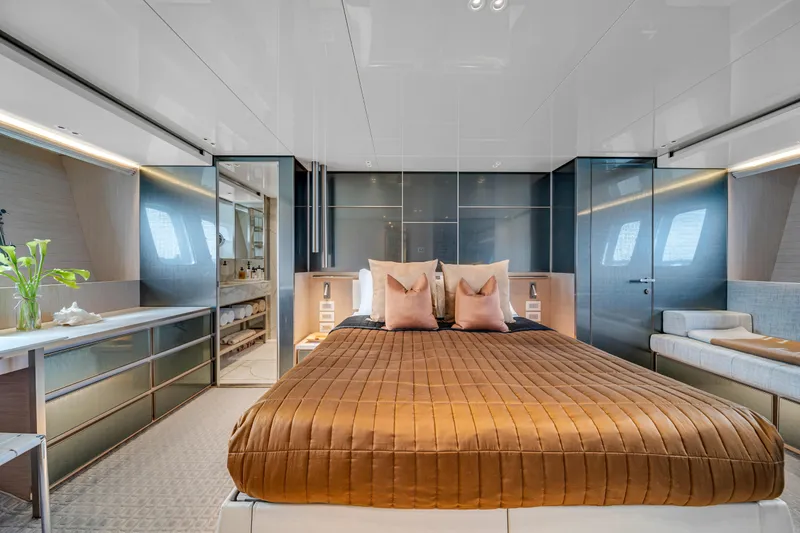 Slide: The Image of Luxurious 2020 Sanlorenzo SX88 yacht bedroom with modern design and elegant decor. - 87