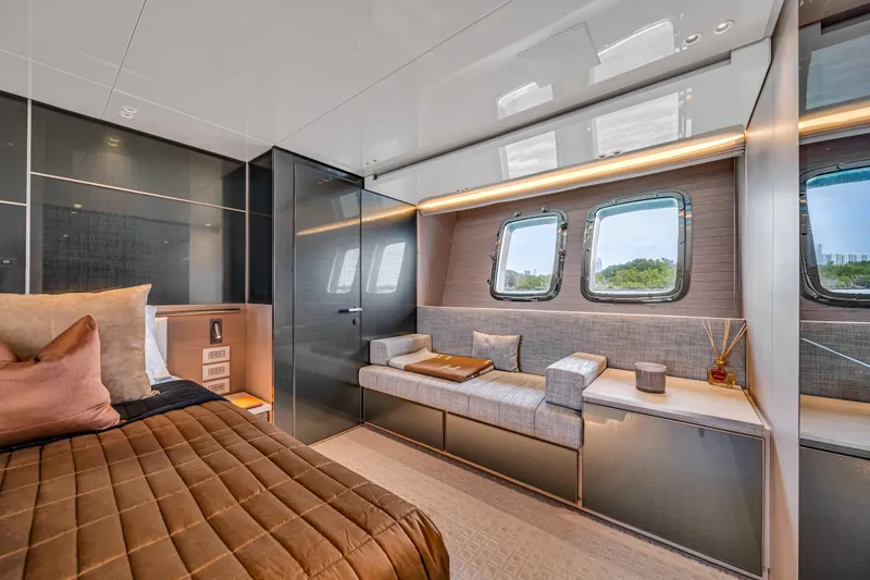 Slide: The Image of Luxurious Sanlorenzo SX88 2020 yacht bedroom with modern design and large windows. - 90