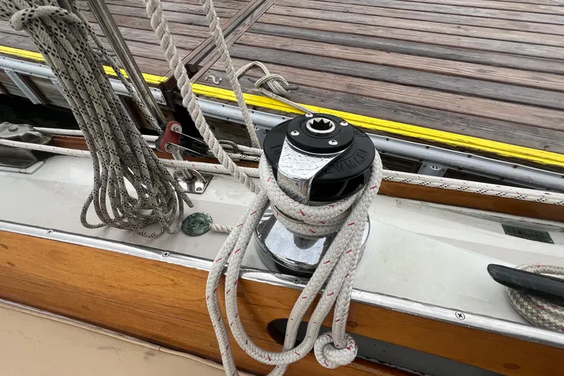 Slide: The Image of Winch and ropes on 1964 Hinckley Pilot 35 Sloop deck, dockside view. - 12