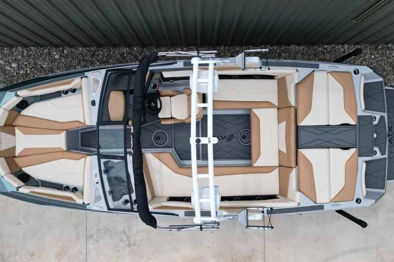 Slide: The Image of 2026 ATX Surf Boats 22 Type-S, top view, luxurious interior design, beige and gray seating. - 10